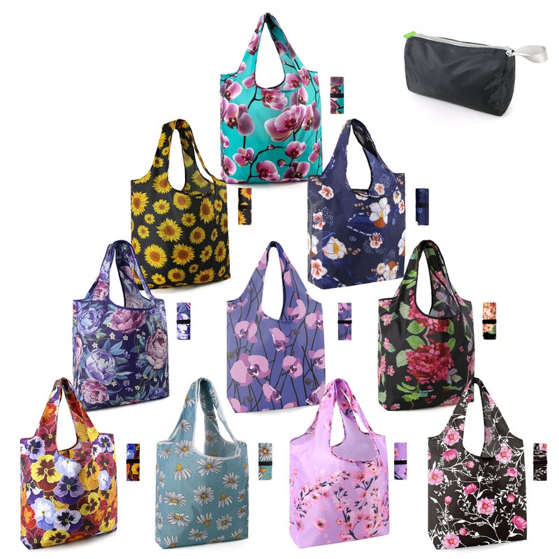 BeeGreen 10 Pack Washable Floral Grocery Bags for Shopping Reusable Tote Bags Extra Large 50LBS Cute Flower Design Foldable Reusable Bags for Women Men Lightweight Durable - Image 1